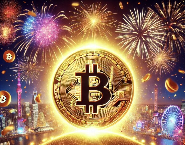 Golden Bitcoin coin glowing at the centre of a festive scene, surrounded by fireworks and confetti, with a futuristic cityscape backdrop, symbolising Bitcoin’s success and growth in 2024