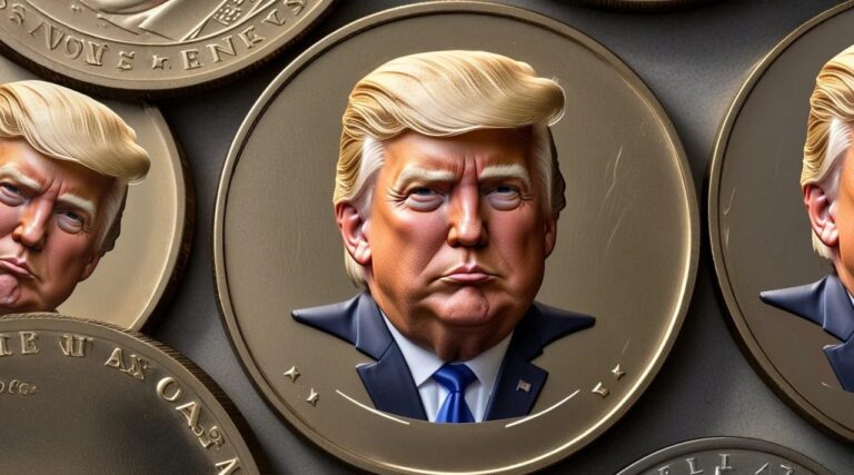 A golden coin featuring the face of Donald Trump, surrounded by a sleek black background with digital patterns, symbolising the launch of the $Trump memecoin