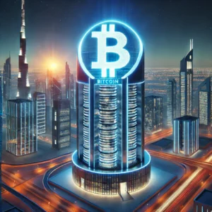 the image of a futuristic crypto tower in Dubai, featuring a shining Bitcoin symbol at the top