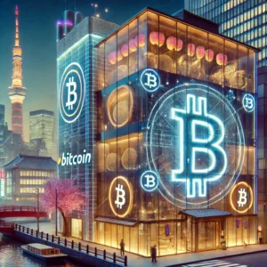 the image of a Bitcoin-themed hotel in Tokyo, blending modern architecture with cryptocurrency elements
