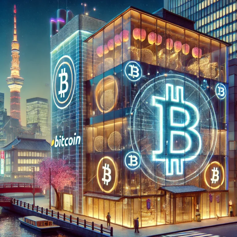 the image of a Bitcoin-themed hotel in Tokyo, blending modern architecture with cryptocurrency elements