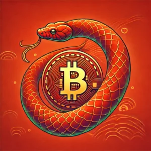 A conceptual image showing a snake coiling around a Bitcoin symbol, symbolising the complex and intertwined relationship between cryptocurrency and the global financial system.