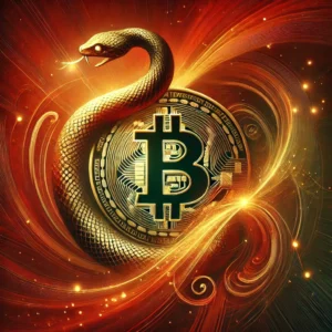 A conceptual image showing a snake coiling around a Bitcoin symbol, symbolising the complex and intertwined relationship between cryptocurrency and the global financial system.