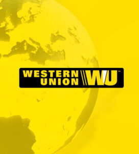 Western Union logo displayed on a digital screen, representing the company's role in global financial services and remittance.