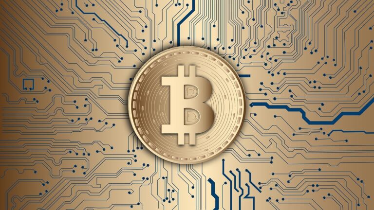 Golden Bitcoin coin surrounded by a digital network, symbolising cryptocurrency and blockchain technology on a futuristic, glowing blue background