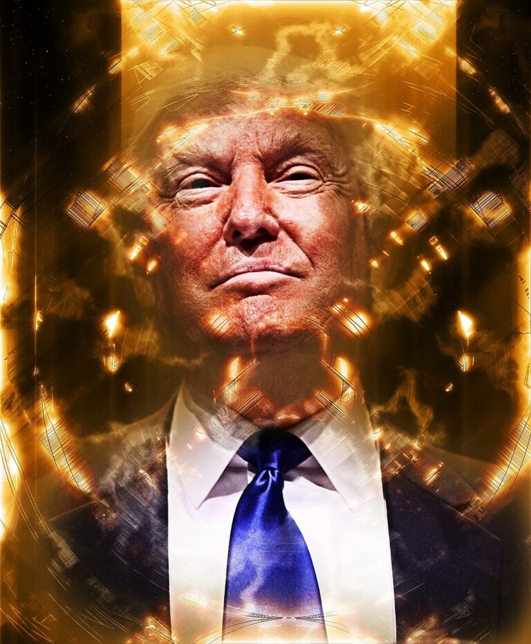 Illustration of Donald Trump with a caricatured expression, wearing a suit and tie against a neutral background, symbolising political themes and elections.