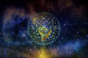 A digital illustration of a globe surrounded by interconnected nodes, representing the global reach and interconnected nature of blockchain technology and networks.