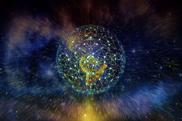 A digital illustration of a globe surrounded by interconnected nodes, representing the global reach and interconnected nature of blockchain technology and networks.
