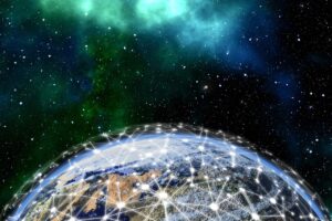 A glowing globe surrounded by a digital network of interconnected nodes, representing the global reach and decentralisation of blockchain technology.