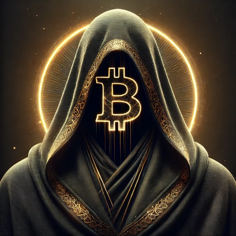A mysterious figure shrouded in darkness, symbolising the elusive identity of Bitcoin's creator, Satoshi Nakamoto. The figure is dressed in a dark hoodie, with the face obscured, representing the anonymity and secrecy surrounding Nakamoto's true identity. The background features abstract cryptographic elements, hinting at the world of blockchain technology.