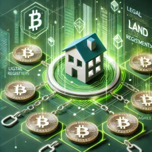 Illustration showing the concept of real estate tokenization with digital tokens representing property ownership, surrounded by blockchain network symbols, and a modern building in the background.