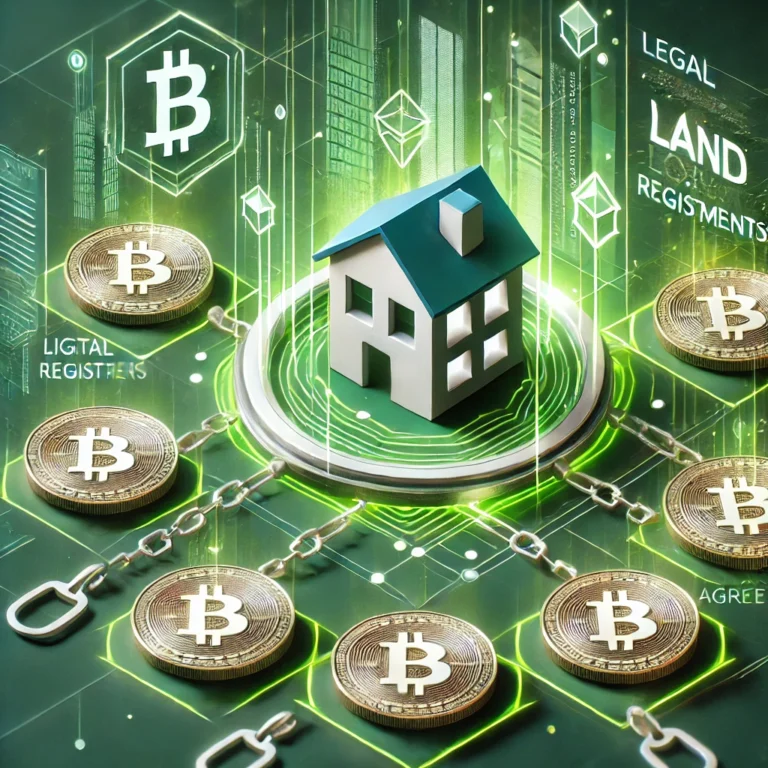 Illustration showing the concept of real estate tokenization with digital tokens representing property ownership, surrounded by blockchain network symbols, and a modern building in the background.