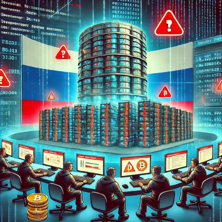 A digital illustration of a Bitcoin mining facility in Russia, surrounded by glowing data streams and cyber threat symbols. In the background, a large government database looms, symbolizing surveillance and potential data leaks. Miners appear concerned as red warning alerts flash on their screens.