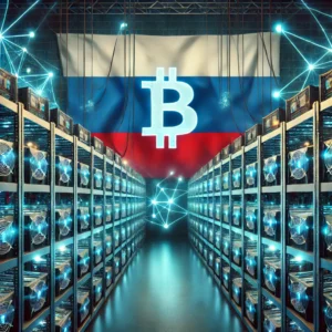 A Bitcoin mining farm with rows of mining rigs, set against the backdrop of the Russian flag. The scene has a cyber-themed atmosphere with glowing blockchain connections, symbolizing cryptocurrency mining and government oversight. 