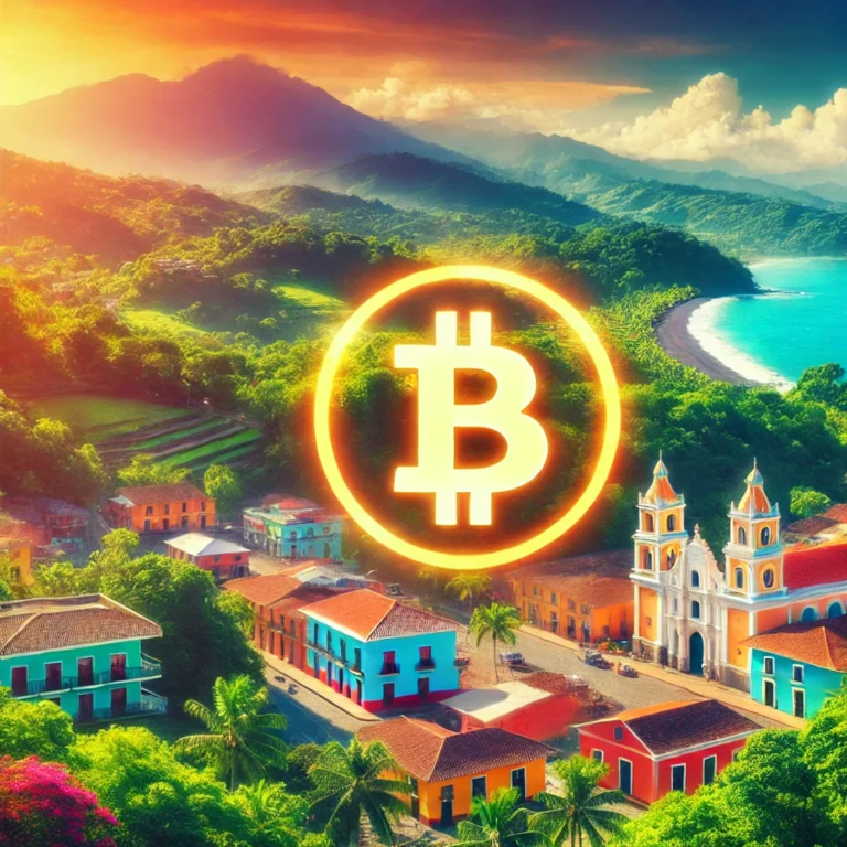 A vibrant and colorful landscape of El Salvador featuring lush green mountains, a beautiful coastline, and a charming colonial town with brightly painted buildings. A glowing Bitcoin symbol shines in the sky, casting a golden light over the scenery, symbolizing the country's commitment to cryptocurrency.