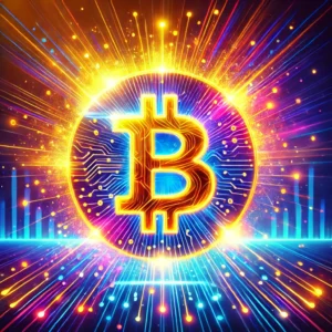 A vibrant and colorful depiction of a glowing Bitcoin symbol, radiating bright golden and neon hues against a dynamic background of vivid blues, purples, and oranges, symbolizing innovation and financial revolution.