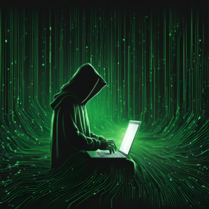 AI-generated illustration of a hacker wearing a hoodie, surrounded by coding symbols and malware-related imagery, representing the concept of cybersecurity threats and hacking.