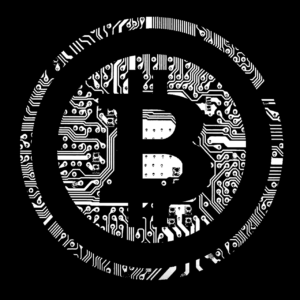Illustration of the Bitcoin logo with a digital cryptography background, symbolising the concept of cryptocurrency and blockchain technology. 