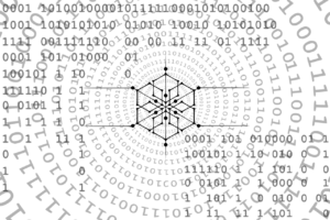 Vector illustration of a blockchain network with interconnected blocks and the Bitcoin logo, representing the concept of decentralised digital currency. 