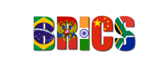 Flags of China, Brazil, and Russia waving against a clear blue sky, representing BRICS nations.