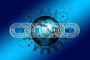 Glowing blockchain network forming a digital chain around Earth, representing global cryptocurrency connections and decentralised technology.