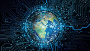 Futuristic digital network with glowing circuit traces forming a global connection, symbolising blockchain technology and decentralised systems.