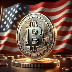 A realistic image of a Bitcoin symbol in front of the United States flag with the Bitcoin logo prominently displayed and the flag waving in the back