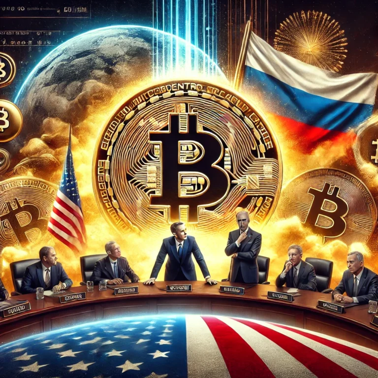 A dramatic digital illustration of a historic moment in Bitcoin adoption featuring the US flag and a large Bitcoin coin in the foreground symbolizin