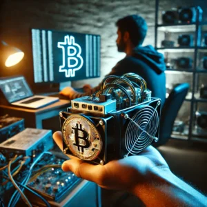 A person mining Bitcoin with a small portable mining rig in a dimly-lit room filled with computer equipment and cables.