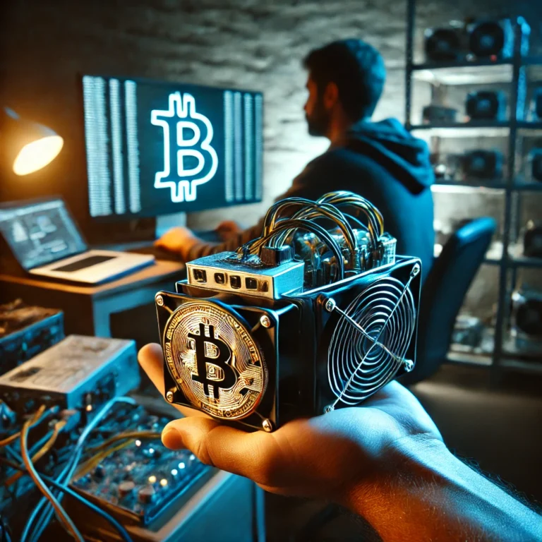 A person mining Bitcoin with a small portable mining rig in a dimly-lit room filled with computer equipment and cables.